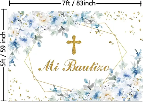 Vista 2 de Mi Bautizo - Telón de fondo de fotografía de flor de peonía azul, angel, primera comunión, bautismo, decoración de fiesta, bautizo, baby shower