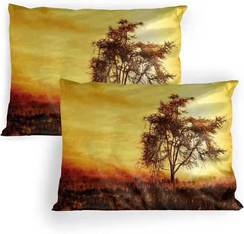 Vista 26 de Lunarable Nature Pillow Sham Set of 2, Sunset in a Winter Park Russia Sun Rays Through Trees Pathway to Forest, Quality Microfiber Bedding Item for
