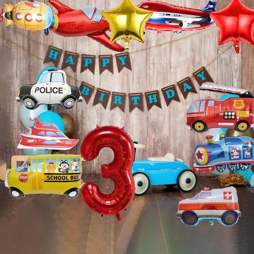 Vista 7 de 12 globos de transporte, camión, avión, autobús escolar, camión de bomberos, coche de policía, barco, ambulancia, submarino, globo de papel