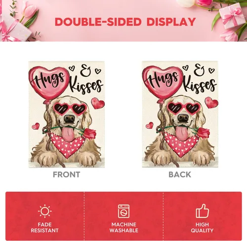 Vista 6 de AVOIN colorlife Bandera de jardín de perro para el día de San Valentín, 12 x 18 pulgadas, Golden Retriever Hugs Kisses de doble cara, aniversario