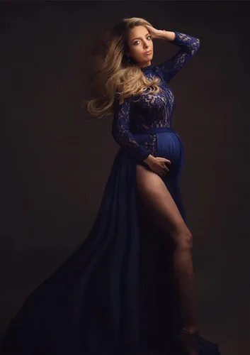 Vista 5 de ZIUMUDY Vestido de maternidad transparente de encaje de manga larga para fotografía con falda de gasa maxi vestido de sesión de fotos