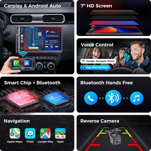 Vista 3 de Estéreo de auto doble DIN con pantalla táctil HD de 7 pulgadas, Apple Carplay inalámbrico y Android Auto, Bluetooth, 240W, SWC, salida de subwoofer