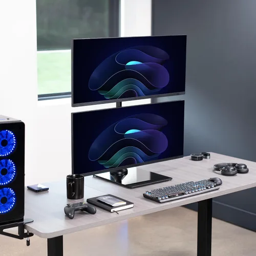 Vista 8 de VIVO Soporte de escritorio para monitor dual con base de vidrio templado, soporte LCD independiente, mantiene dos pantallas ultra amplias de hasta