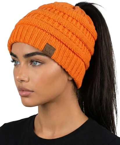 Vista 30 de Funky Junque Gorro de Cola de Caballo para Mujeres - Gorro de Invierno Ponyback Suave Elástico de Punto Trenzado Cola Alta Gorros para Correr