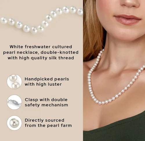 Vista 2 de Collar de perlas reales para mujer con perlas cultivadas auténticas de agua dulce blancas de calidad AAA+, hilo de perlas de 18 pulgadas con cierre