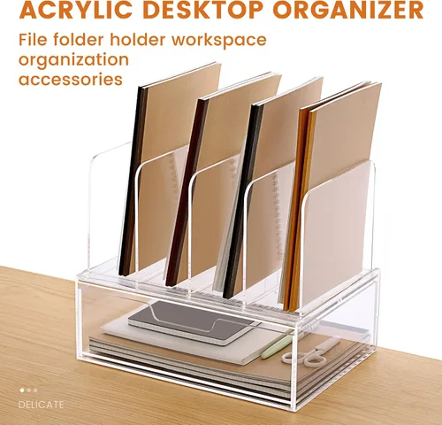 Vista 8 de Organizadores de Escritorio y Accesorios HeZone, Organizador de Escritorio de Acrílico con Cajón, Organización y Almacenamiento de Suministros