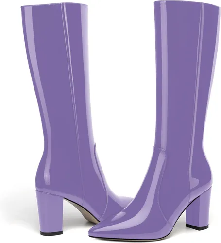Vista 132 de AMBELIGHT Botas altas hasta la rodilla con cremallera y puntera puntiaguda para mujer, de patente sólida, tacón alto, 3.3 pulgadas