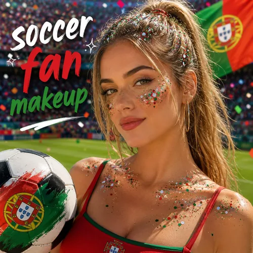 Vista 3 de MEICOLY Portugal - Maquillaje para fanáticos del fútbol con purpurina verde, rojo y blanco, para rellenar calcetines, maquillaje de cara gruesa