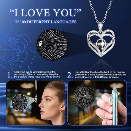 Vista 3 de Collar de rosas reales preservadas azules en caja con texto "I Love You" en 100 idiomas - Regalo único para mujeres, mamá, esposa, novia en el día