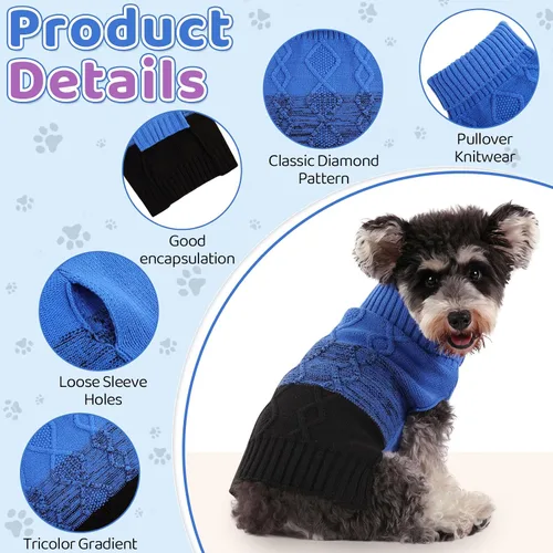 Vista 2 de ASENKU Suéter cálido para perros pequeños y medianos, suéteres para mascotas para ropa de perro en otoño e invierno, suéter grueso con cuello Azul