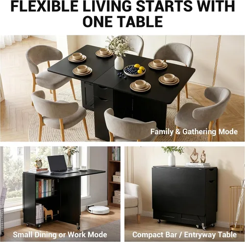 Vista 4 de Mesa de comedor plegable con cajón y estantes de almacenamiento, mesa de comedor plegable de 53" que ahorra espacio con 6 ruedas, mesa de hoja
