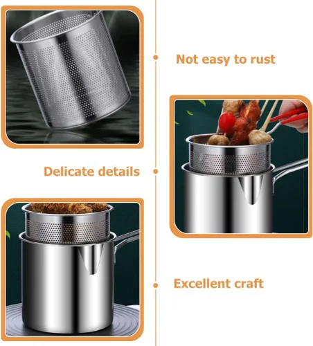 Vista 5 de 1 juego de olla profunda de acero inoxidable con cesta para freír olla de cocina de acero inoxidable para calentamiento rápido, diseño ergonómico