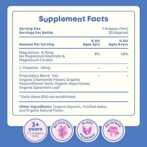 Vista 7 de JoySpring Calmify Líquido de Magnesio para Niños Suplemento Orgánico de Manzanilla y L-Teanina Sin Azúcar y Sin Gluten Apoyo para la Calma