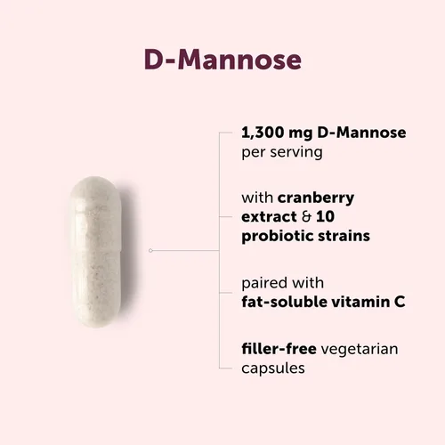 Vista 3 de Pure D Manosa 1,300 mg con arándano rojo y probióticos, 240 cápsulas vegetales Salud del tracto urinario para mujeres Más 1 millón de UFC mezcla