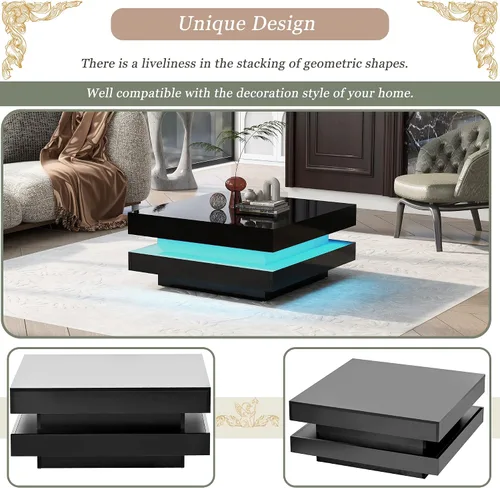 Vista 4 de Mesa de centro LED cuadrada negra moderna para sala de estar, mesa central de alto brillo con luces LED de 16 colores enchufables, mesa de té