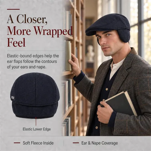 Vista 4 de TOP-EX Gorra plana de mezcla de lana 50% para hombre con orejeras Espiguilla azul marino