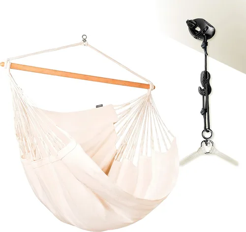 Vista 32 de LA SIESTA® - Silla Hamaca Grande y Cómoda de Algodón Habana & CasaMount - Silla Colgante con Kit de Suspensión para Paredes, Techos y Vigas Café