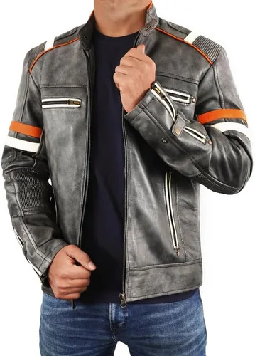 Vista 3 de Black Leather Jacket Men - Black Real Lambskin Mens Motorcycle Jacket