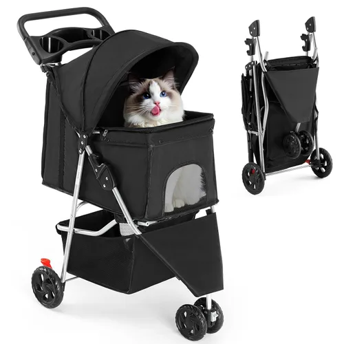 Vista 7 de NEWBULIG Cochecito para mascotas de 3 ruedas para perros y gatos, plegable, ligero y duradero para mascotas pequeñas a medianas, incluye cesta