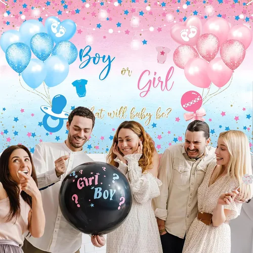 Vista 3 de Avezano Telón de Fondo de Revelación de Género Niño o Niña Cartel Pancarta Estrellas Azules y Rosas Puntos Tema de Globos Decoraciones de Fiesta