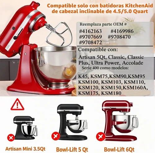 Vista 4 de FavorKit Batidor plano de acero inoxidable para KitchenAid con cabeza inclinada y mezcladores de 4.5-5 Qt, accesorio de paleta para mezclar