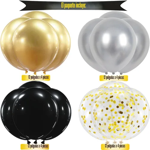 Vista 3 de Cartel de feliz cumpleaños, decoración de cumpleaños negro y dorado, 16 globos de 12 pulgadas con 2 cintas para hombres, mujeres, niñas y niños