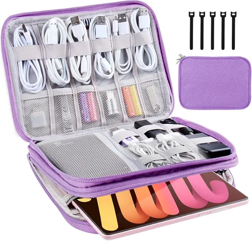Vista 9 de Organizador de artículos electrónicos, estuche de viaje, organizador de cables, accesorios de viaje, esenciales para mujeres y hombres, bolsa A-Negro