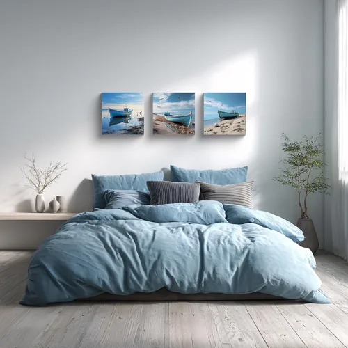 Vista 6 de Arte de pared costero de playa, arte en lienzo de barco azul, imágenes de gaviota, paisaje marino, impresiones de pintura de paisajes marinos, obras