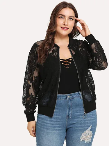 Vista 4 de Floerns Chaqueta de béisbol de manga larga con encaje floral transparente para mujer