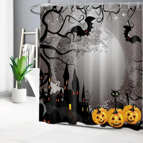 Vista 8 de EOBTAIN Cortina de ducha de calabaza espeluznante de Halloween, fantasma y gato murciélago con casa embrujada en noche oscura aterradora, cortina