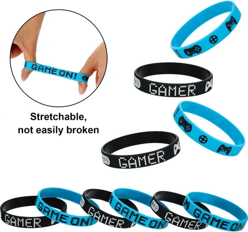 Vista 3 de JOVITEC 48 bandas para recuerdos de fiesta de juegos, pulsera de goma para videojuegos, suministros de pulseras de fiesta de video (azul, negro)