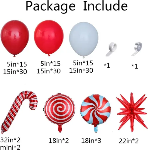 Vista 3 de Kit de arco de guirnalda de globos de Navidad, 148 unidades, globos rojos y blancos rubí, bastón de caramelo, piruleta, explosión, estrella, globos