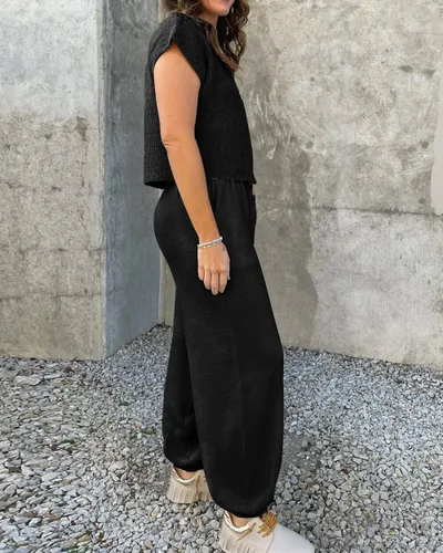 Vista 7 de RIVSAK Conjunto de dos piezas de suéter para mujer, conjunto de pantalones de suéter para mujer, conjuntos de descanso, tops de punto y pantalones