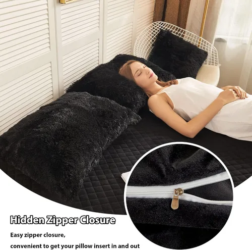 Vista 5 de LIFEREVO Paquete de 2 fundas de almohada de piel sintética, serie de lujo decorativa para el hogar de felpa peluda, funda de almohada peluda súper