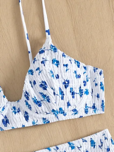 Vista 4 de MakeMeChic Conjunto de bikini de 2 piezas para mujer, traje de baño de triángulo fruncido con estampado floral