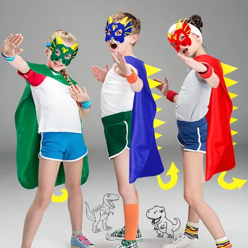 Vista 2 de iROLEWIN Kids-Dragon Costume-Dinosaur-Capes and Masks for Boys-Girls 6 Set Toddlers Dino Dress-up as Party-Favors Supplies