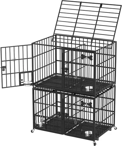 Vista 12 de Jaula XL de 54 pulgadas para perros grandes/perros medianos dobles, jaula de metal resistente para perros, toda metálica con parte superior abierta