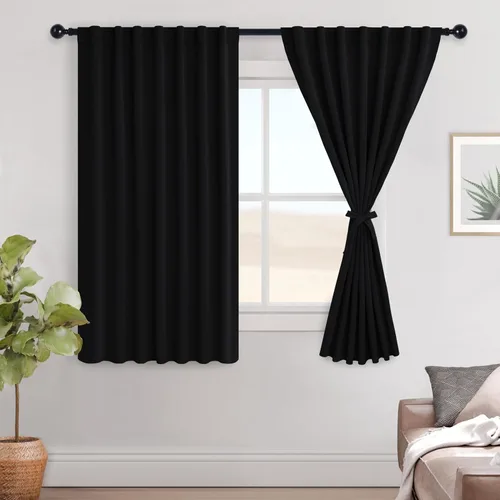 Vista 64 de Hiasan Cortinas opacas negras para dormitorio, cortinas opacas cortas de 45 pulgadas de largo, con aislamiento térmico, bolsillo para barra