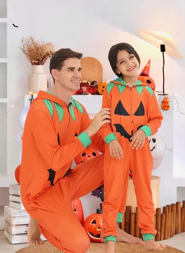 Vista 5 de Pijama familiar de Halloween para disfraz de calabaza para adultos, pijamas a juego para parejas y niños