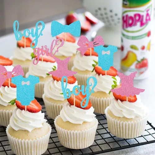 Vista 7 de Paquete de 24 adornos para cupcakes para niños o niñas, con purpurina rosa y azul, palillos para cupcakes de baby shower, corbatín, mameluco, mono