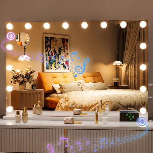 Vista 10 de Hasipu Espejo de tocador Hollywood de vidrio templado de 29 x 20.01 pulgadas con luces, altavoz Bluetooth, espejo de maquillaje con luces, 14