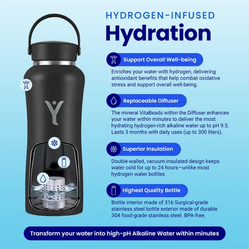 Vista 3 de DYLN - Botella de agua de hidrógeno Crea agua alcalina hidratante rica en hidrógeno hasta 9 pH Botella de agua de acero inoxidable aislada al
