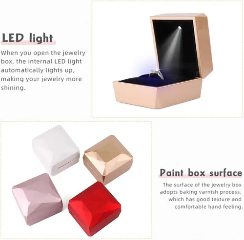 Vista 3 de iSuperb Caja de anillo de compromiso cuadrada con caja de luz LED, caja de regalo para propuesta, aniversario de boda (dorado)