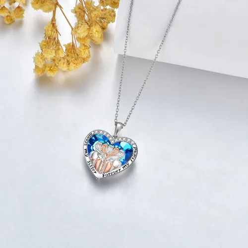 Vista 4 de POPKIMI Collar de plata de ley 925 para hermana, regalo de cumpleaños para hermanas, mamá, hija, collar de cristal con texto en inglés "Always My