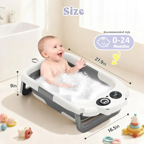 Vista 2 de Bañera plegable para bebé, 0-24 meses, termómetro, cojín suave (gris) Pliegues planos, portátiles, antideslizantes, para recién nacidos a niños