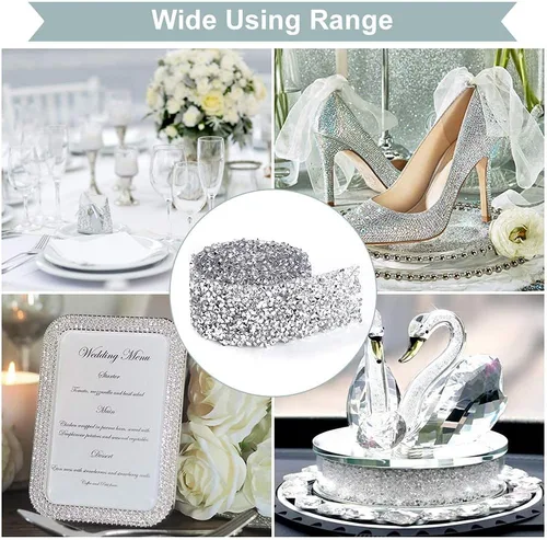 Vista 4 de Rollo de cinta de cristal de diamantes de imitación con adhesivo, 1.2 in x 1 yarda, banda de decoración plateada brillante para bodas, fiestas