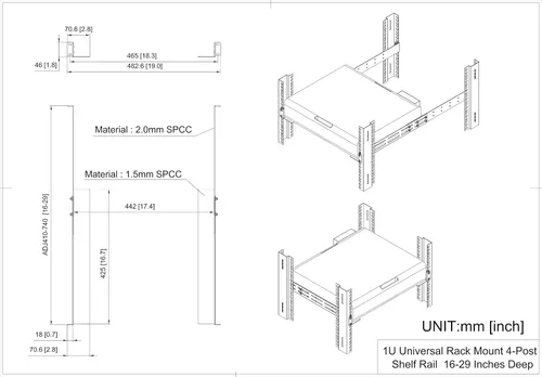 Vista 5 de Rieles universales de montaje en rack de 1U, 4 postes de 16 a 29 pulgadas de profundidad ajustable Carril de estante de servidor de metal para APC