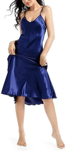 Vista 12 de Camisón de satén para mujer, vestido largo para dormir, camisones de seda con cuello en V Un negro