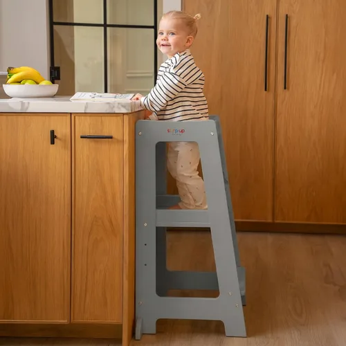 Vista 3 de Taburete de madera ajustable de 3 niveles para niños pequeños, color gris