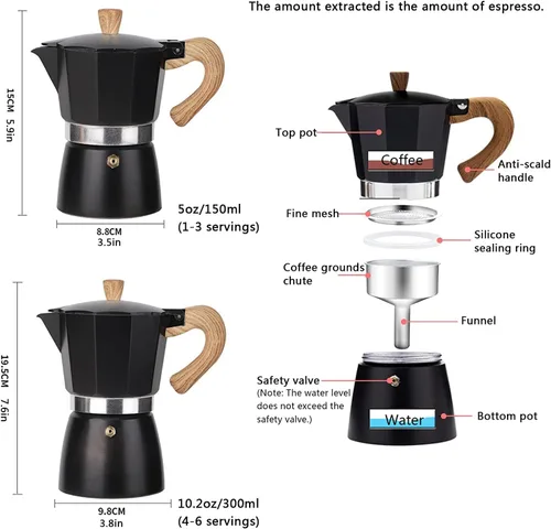 Vista 7 de Moka - Cafetera de café italiano, cafetera italiana, cafetera de 6 tazas/10 onzas, estufa de aluminio, cafetera para camping, cafetera cubana manual